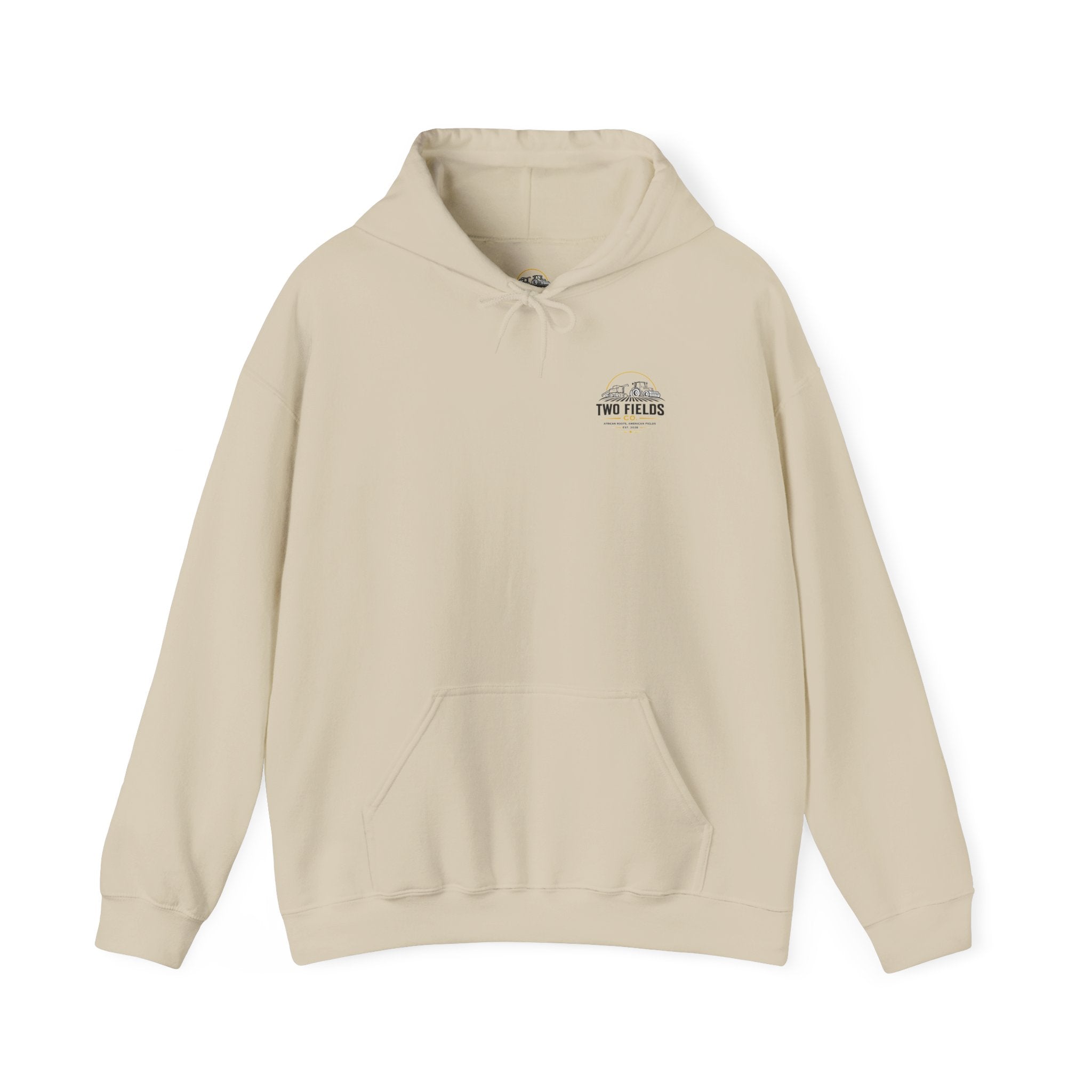 Two Fields Co. vintage tractor hoodie, beige, front chest logo, pouch pocket