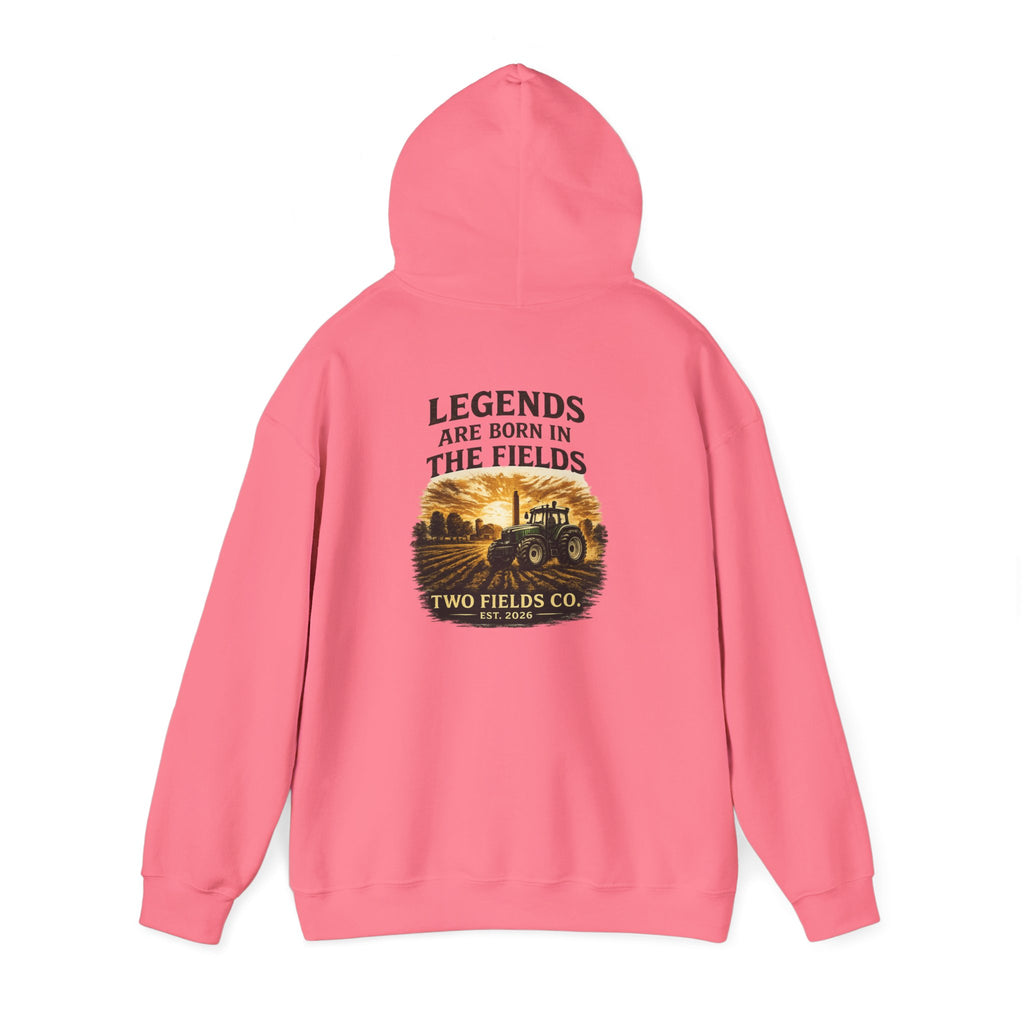 Pink hoodie with large tractor graphic on back, front view of hooded pullover