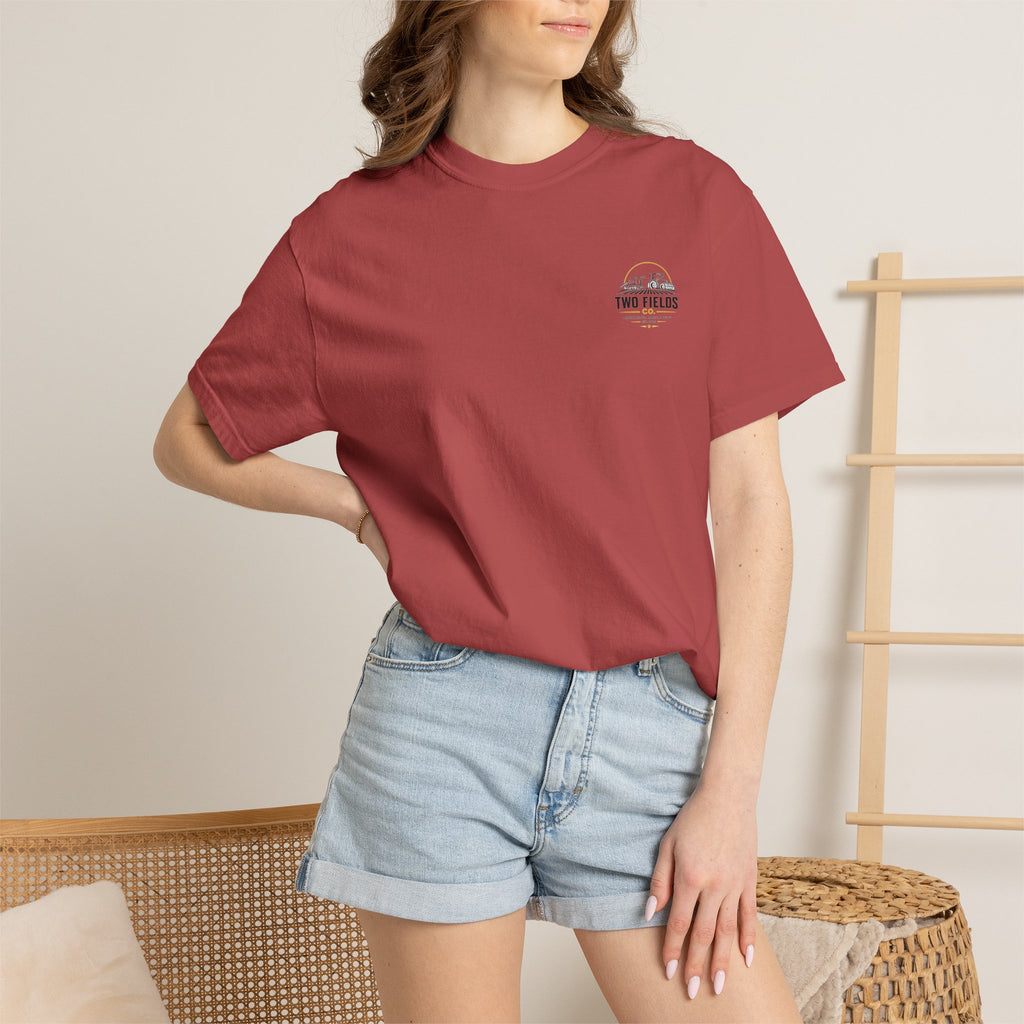 Mauve short-sleeve T-shirt with small Two Fields Co. logo on the chest