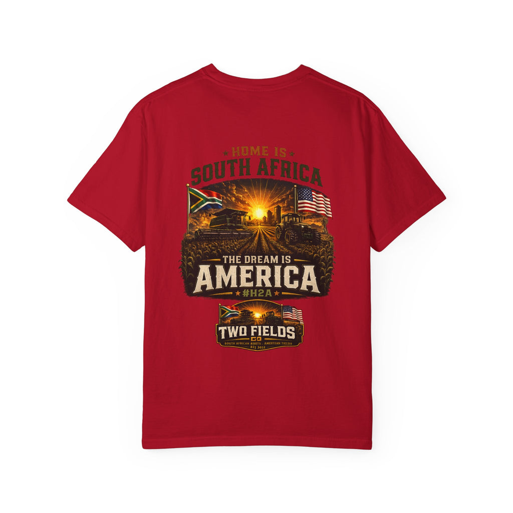 Red crew-neck graphic T-shirt with South Africa and America front print