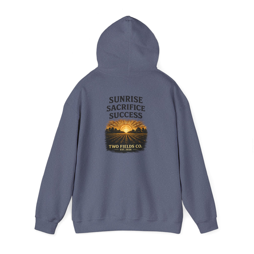 Dark gray pullover hoodie, back Sunrise Sacrifice Success sunrise graphic with Two Fields Co.