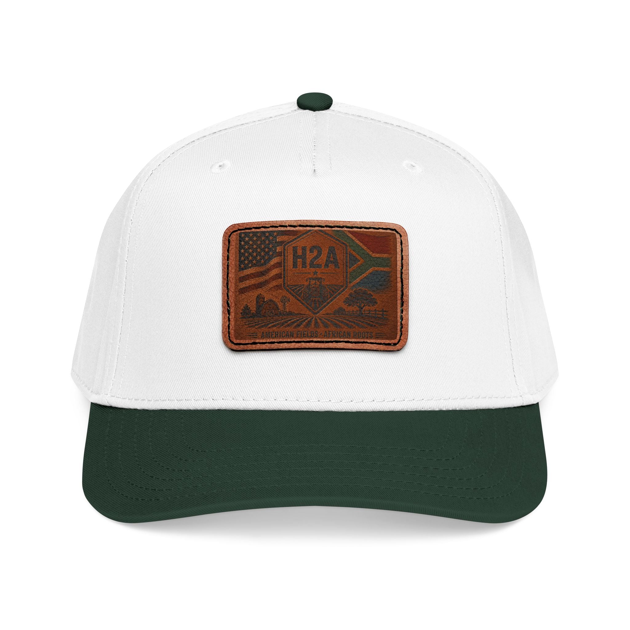 Two-tone baseball cap with white front and dark green brim, H2A rectangular patch