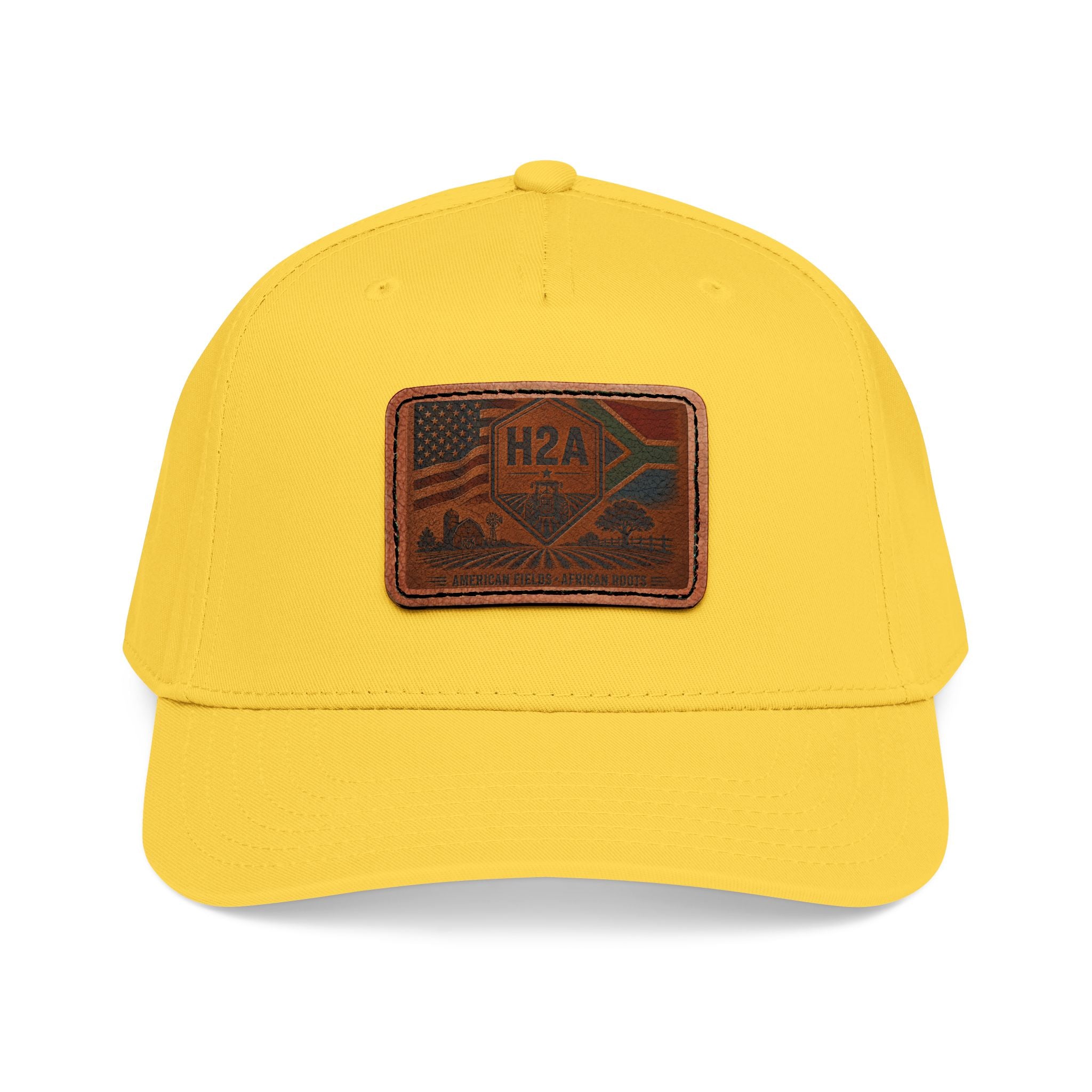 Yellow baseball cap with rectangular H2A flag leather patch.