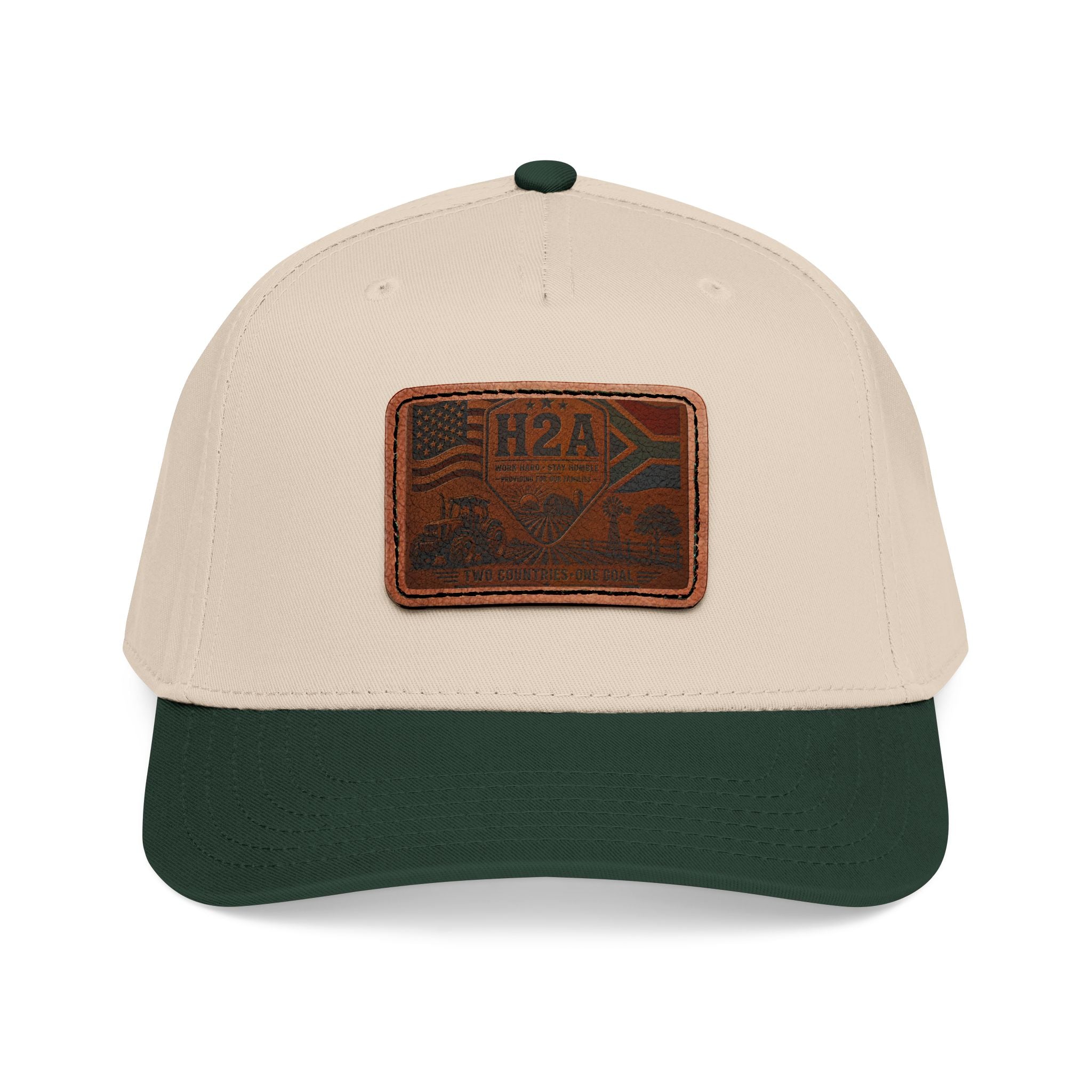 Two-tone leather patch baseball cap, light beige crown and dark green brim, H2A flag patch
