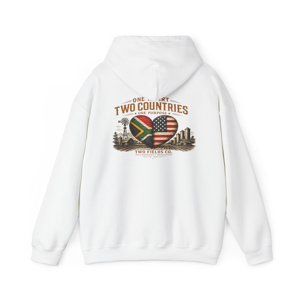 White pullover hoodie with drawstring hood and large back graphic