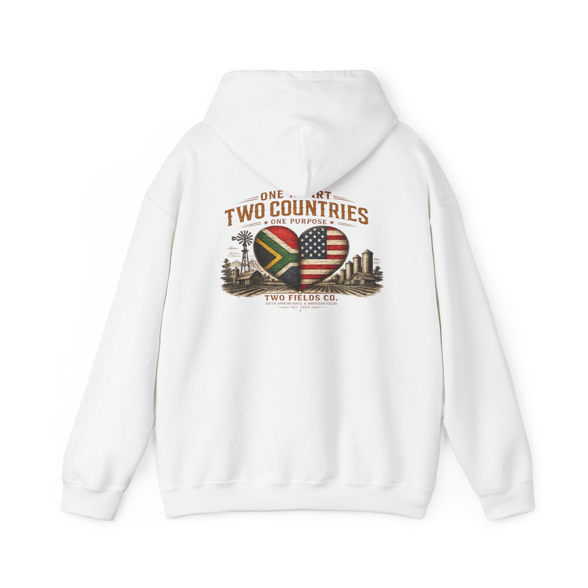 White pullover hoodie with drawstring hood and large back graphic