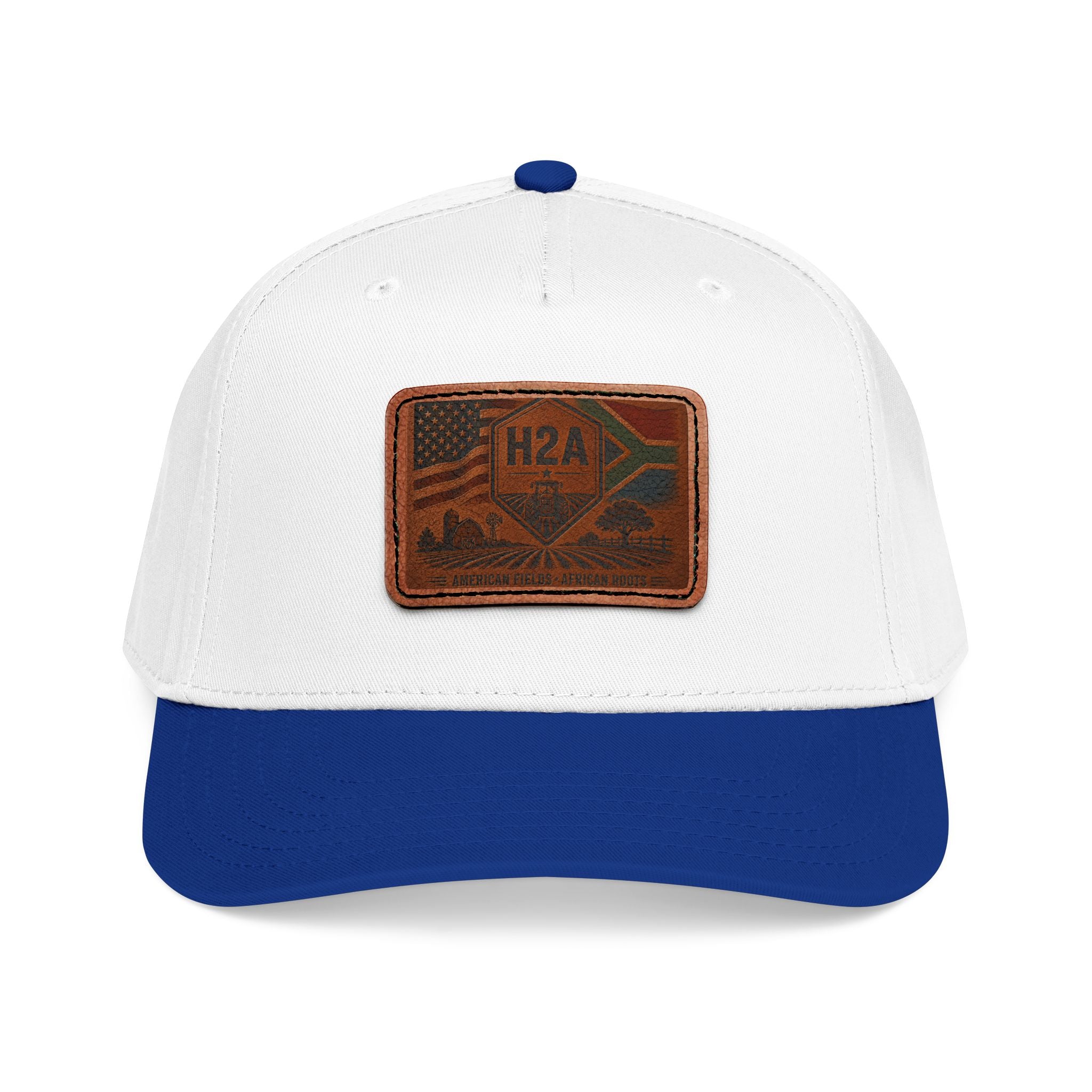 Two-tone baseball cap, white crown with royal blue brim, rectangular H2A patch