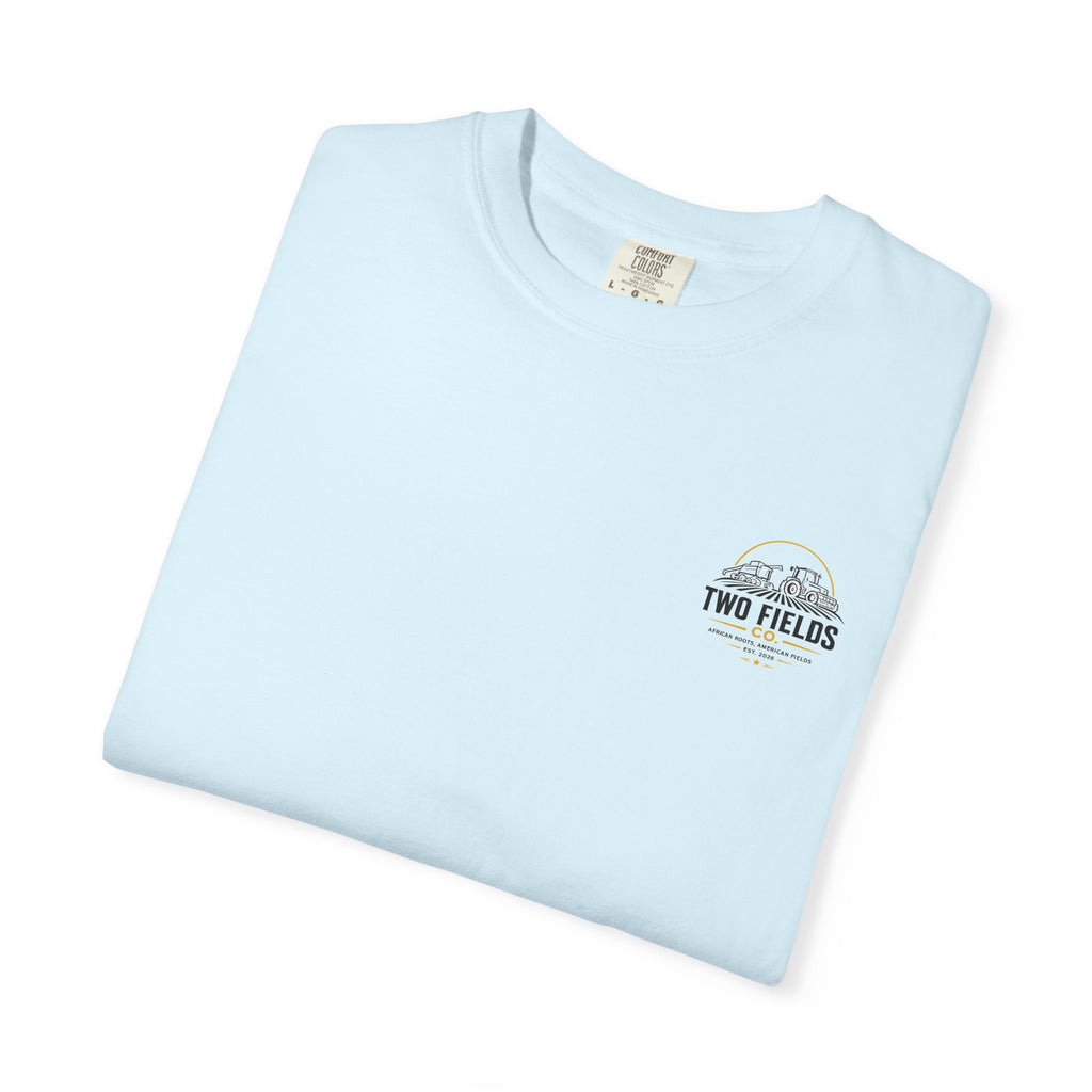 Light blue T-shirt with small Two Fields logo on chest