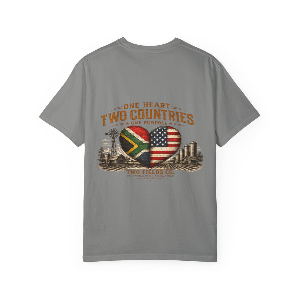 Grey short-sleeve T-shirt with large heart flags graphic and text
