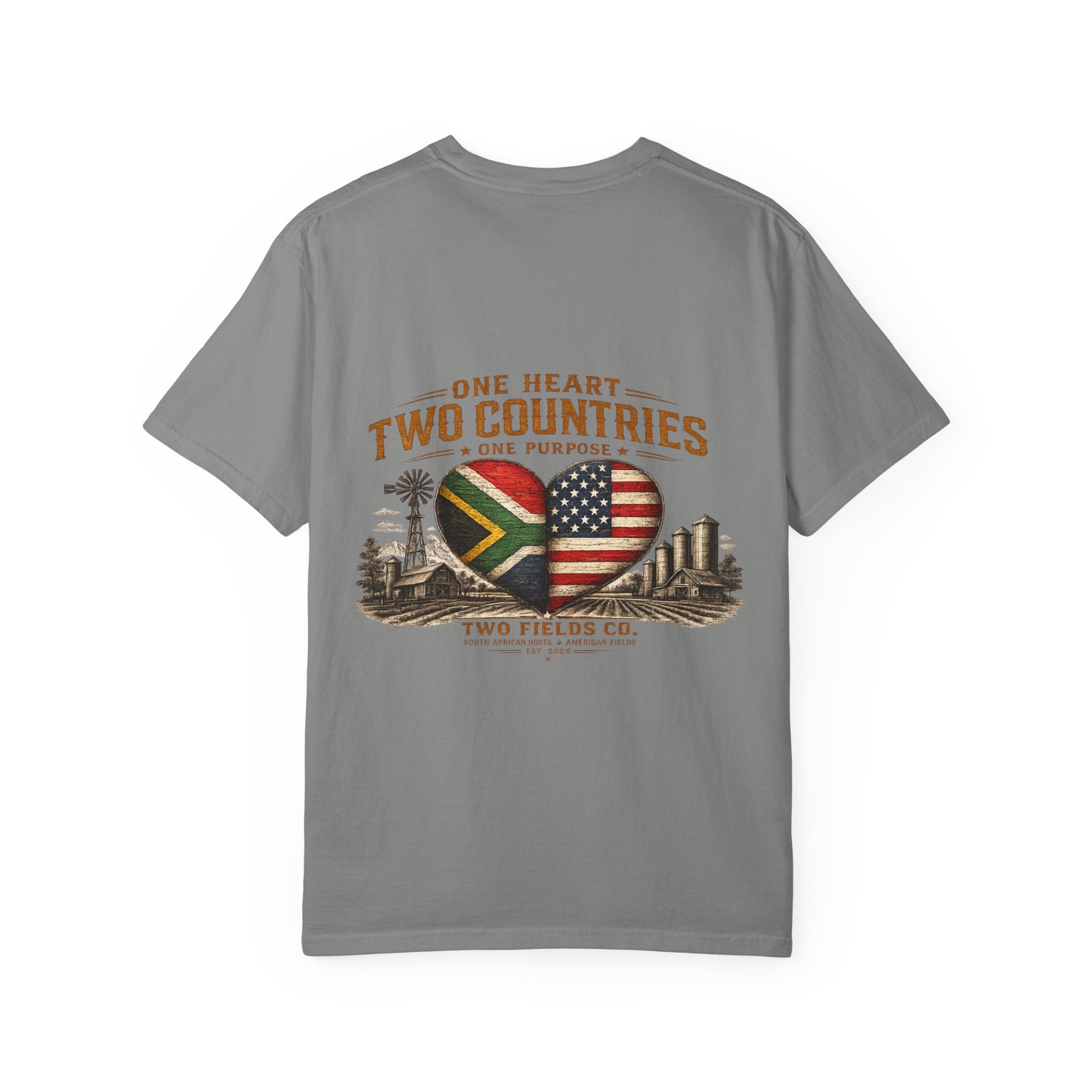 Grey short-sleeve T-shirt with large heart flags graphic and text