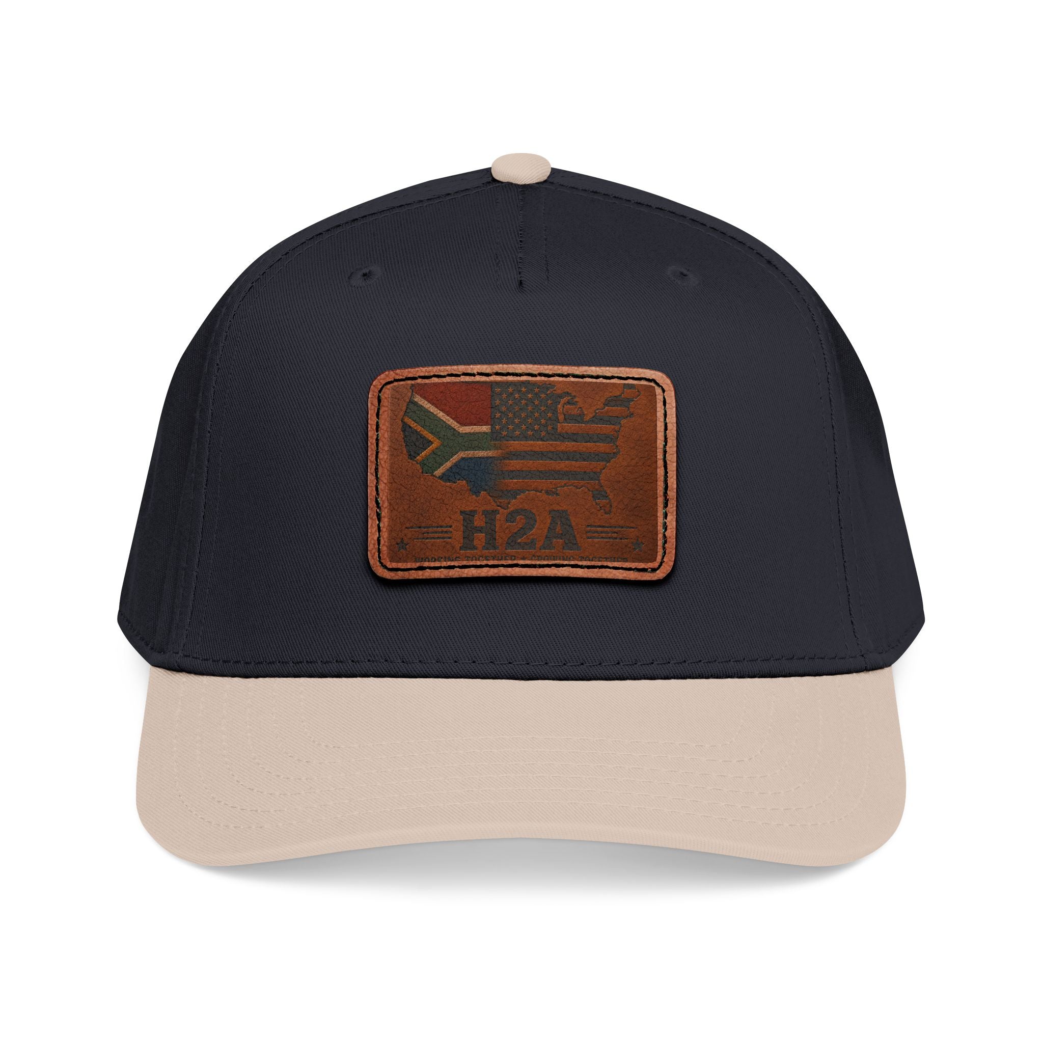 Navy and beige baseball cap with rectangular H2A flag leather patch