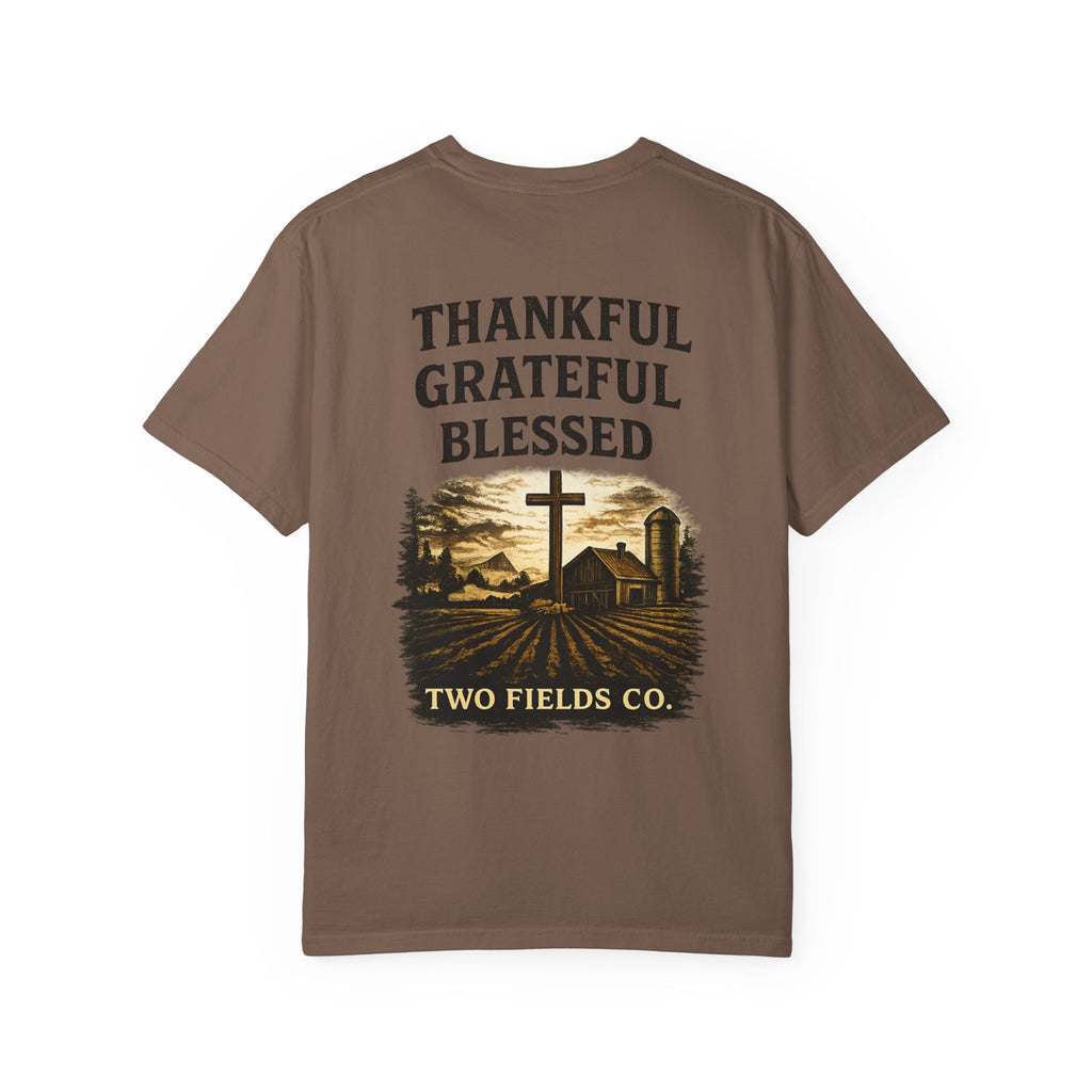 Brown crew-neck T-shirt with “Thankful Grateful Blessed” farm cross front graphic