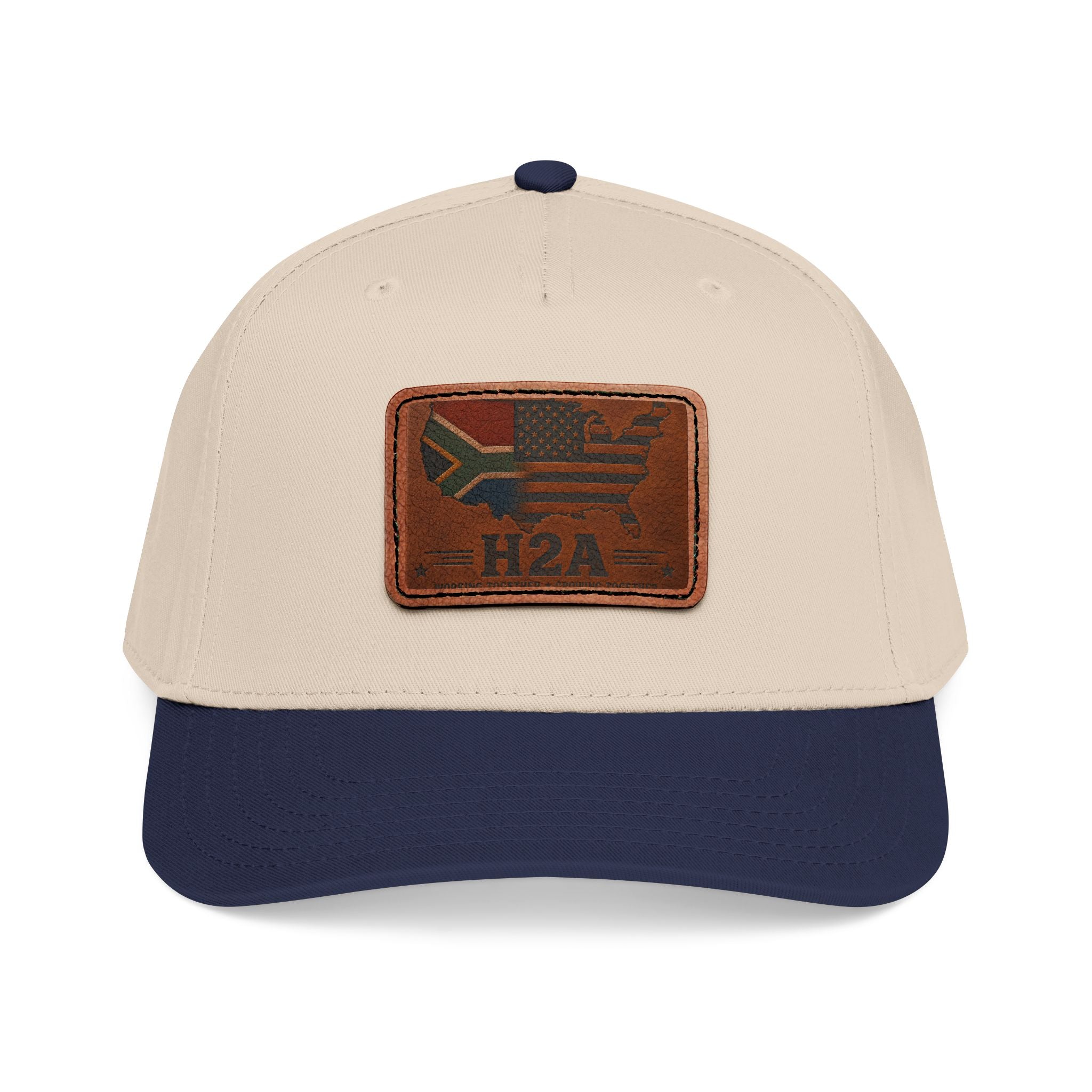 Beige and navy leather patch baseball cap with rectangular H2A flag patch