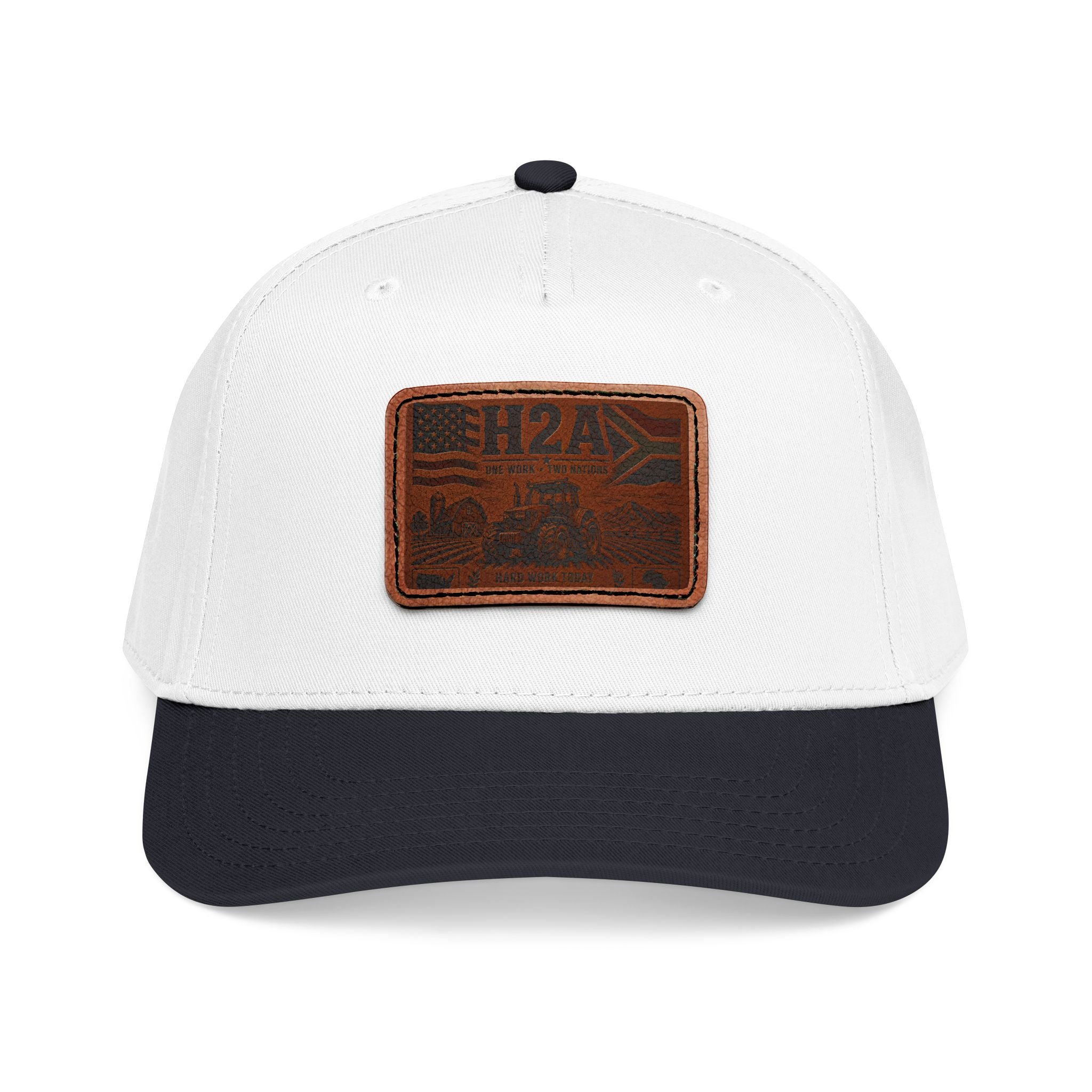 White baseball cap with rectangular H2A truck leather patch and dark navy brim