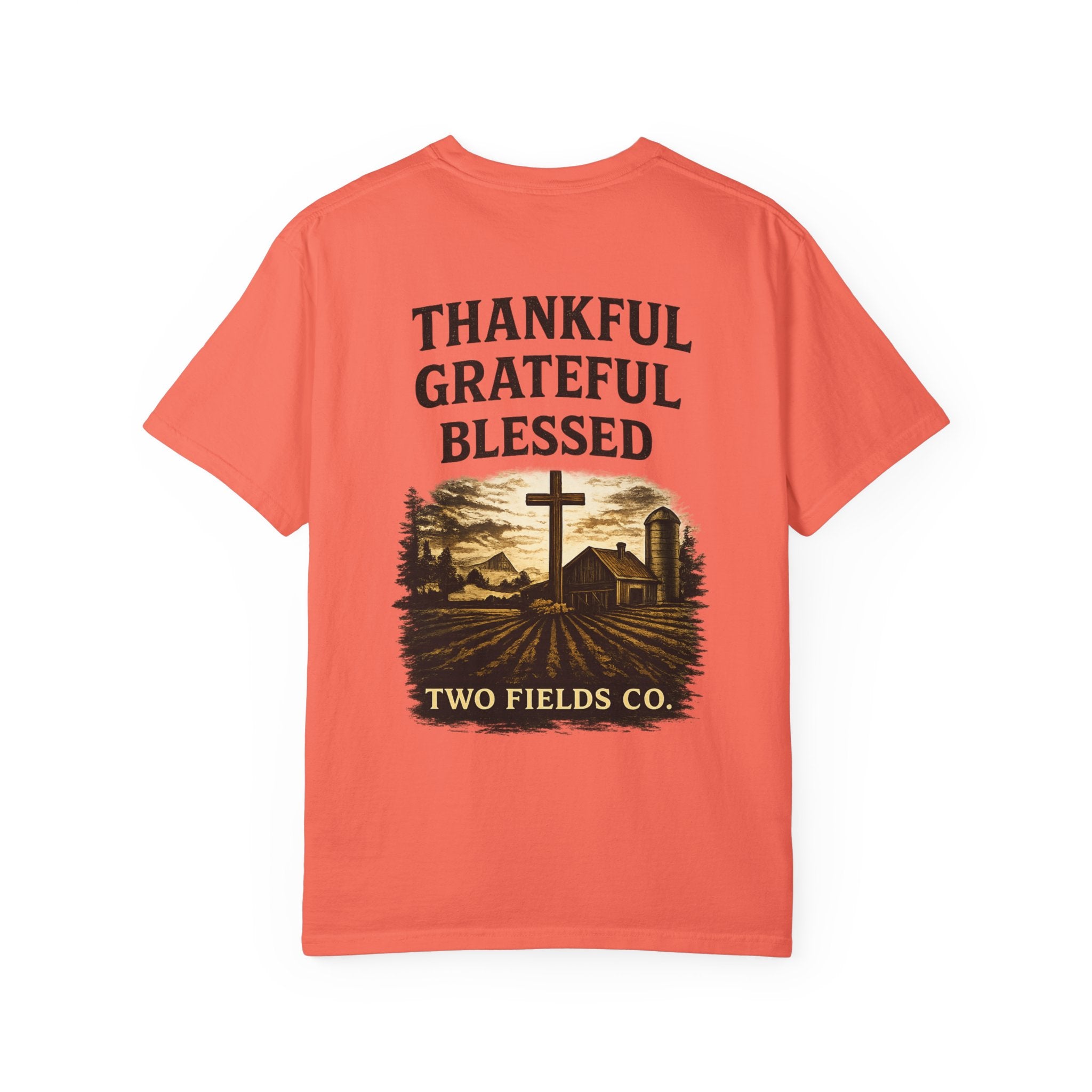 Coral crew-neck T-shirt with “Thankful Grateful Blessed” farm cross front graphic