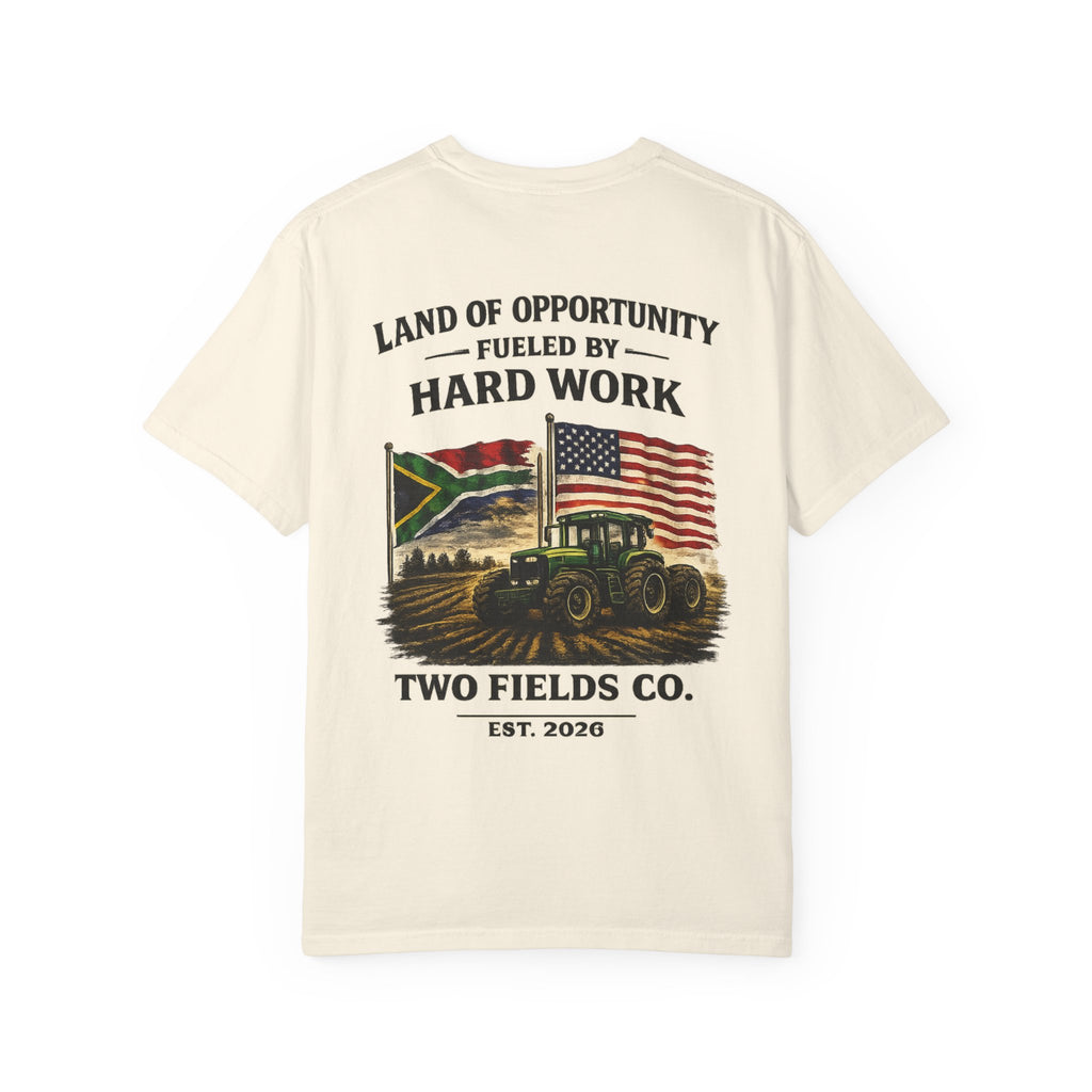 Cream back graphic T-shirt with “Land of Opportunity” text and tractor flag artwork