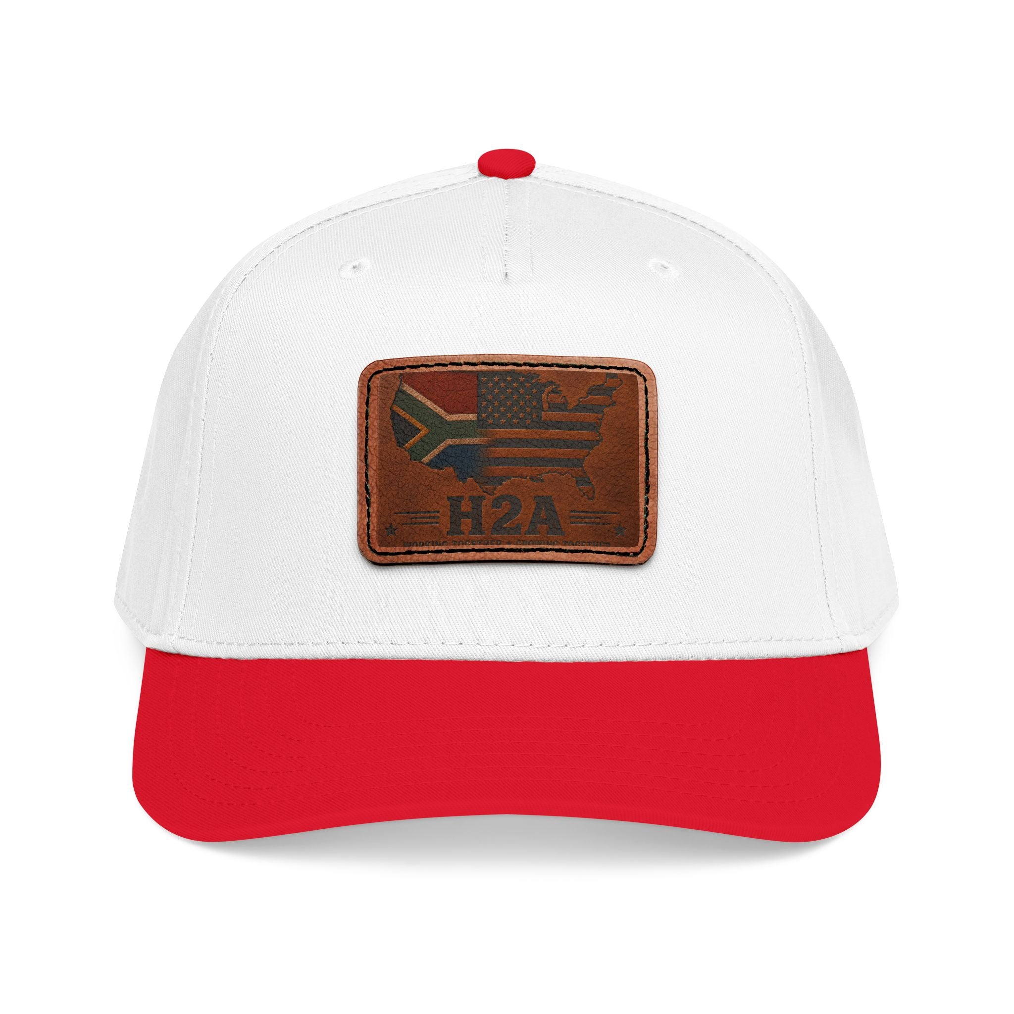 White and red baseball cap with rectangular H2A flag leather patch on front