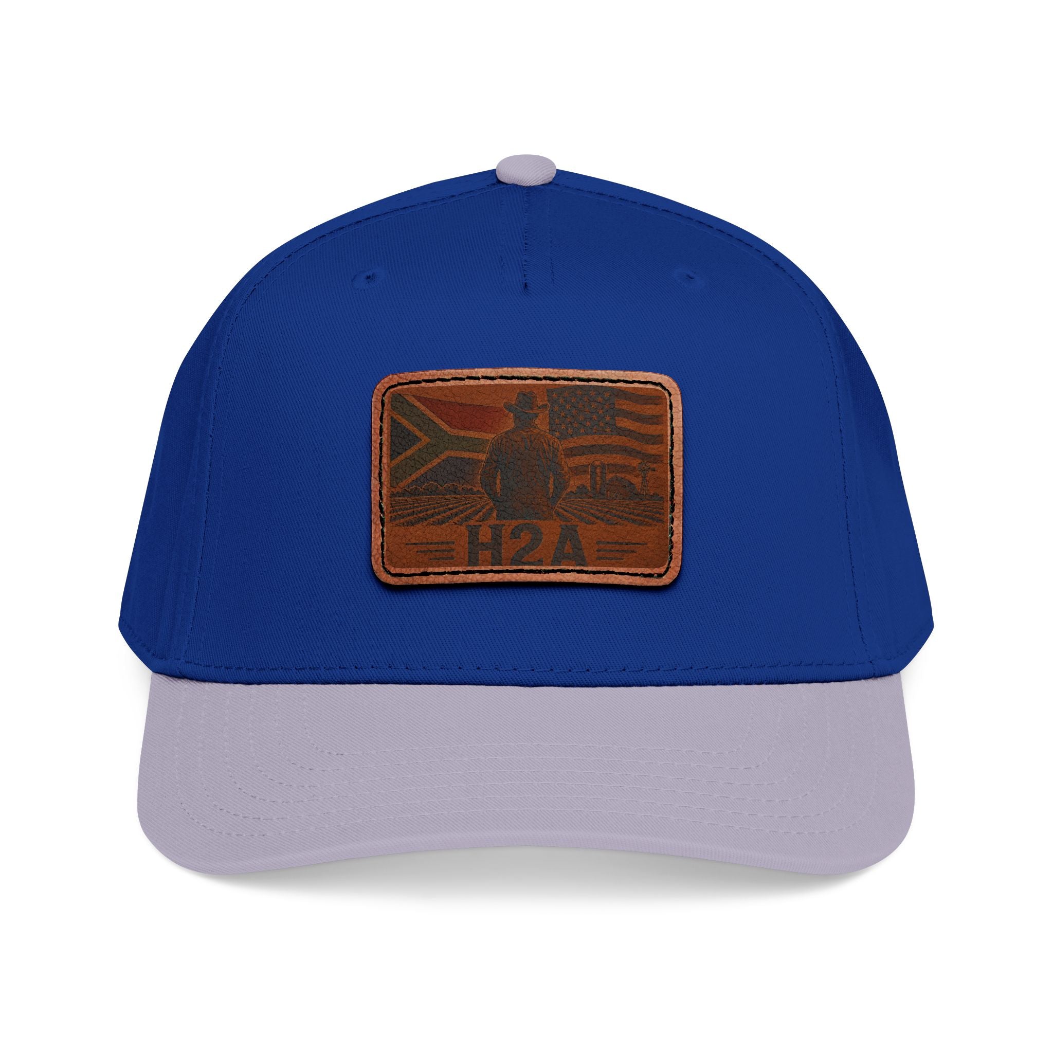 Two-tone leather patch baseball cap in royal blue and light sand with H2A flag patch