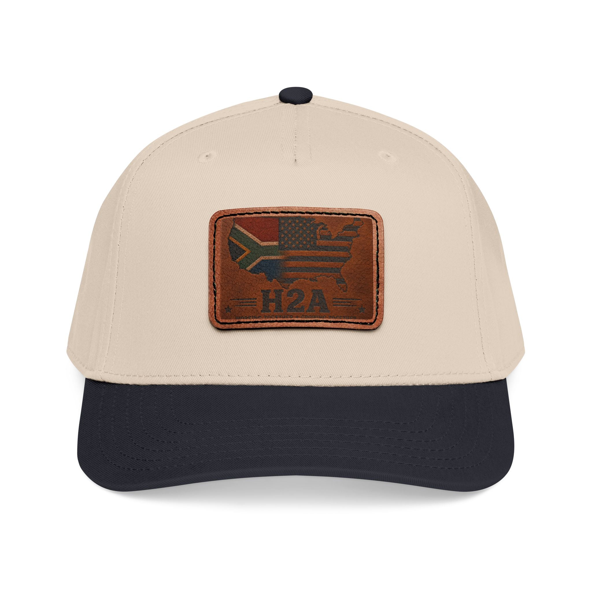 Beige baseball cap with dark brim and light brown rectangular H2A flag leather patch