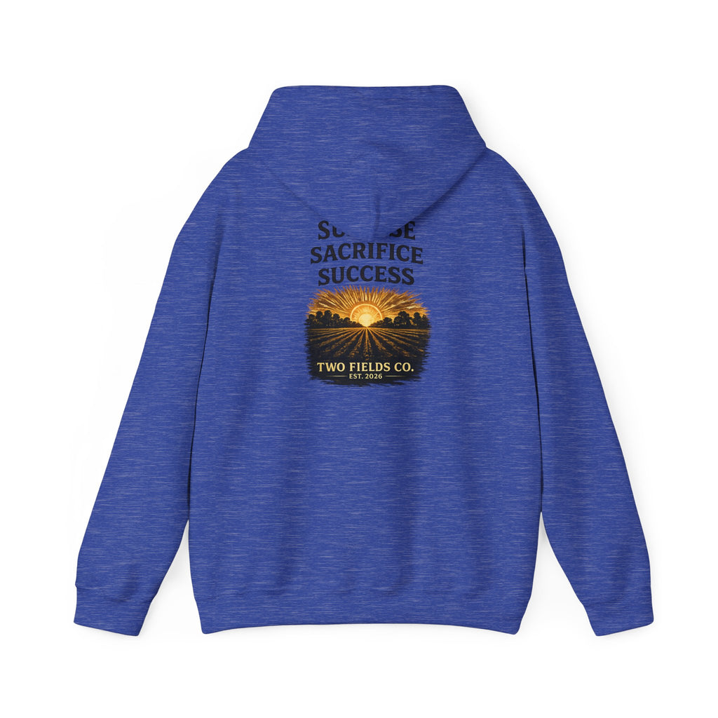Royal blue heather hooded sweatshirt with “Sunrise Sacrifice Success” back graphic