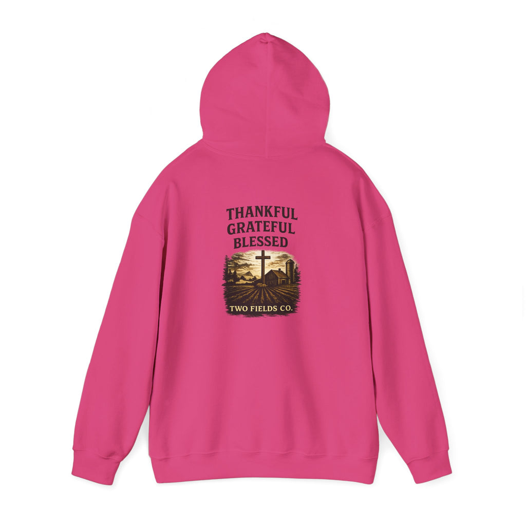 Pink pullover hoodie with hood and back graphic: “Thankful Grateful Blessed” cross
