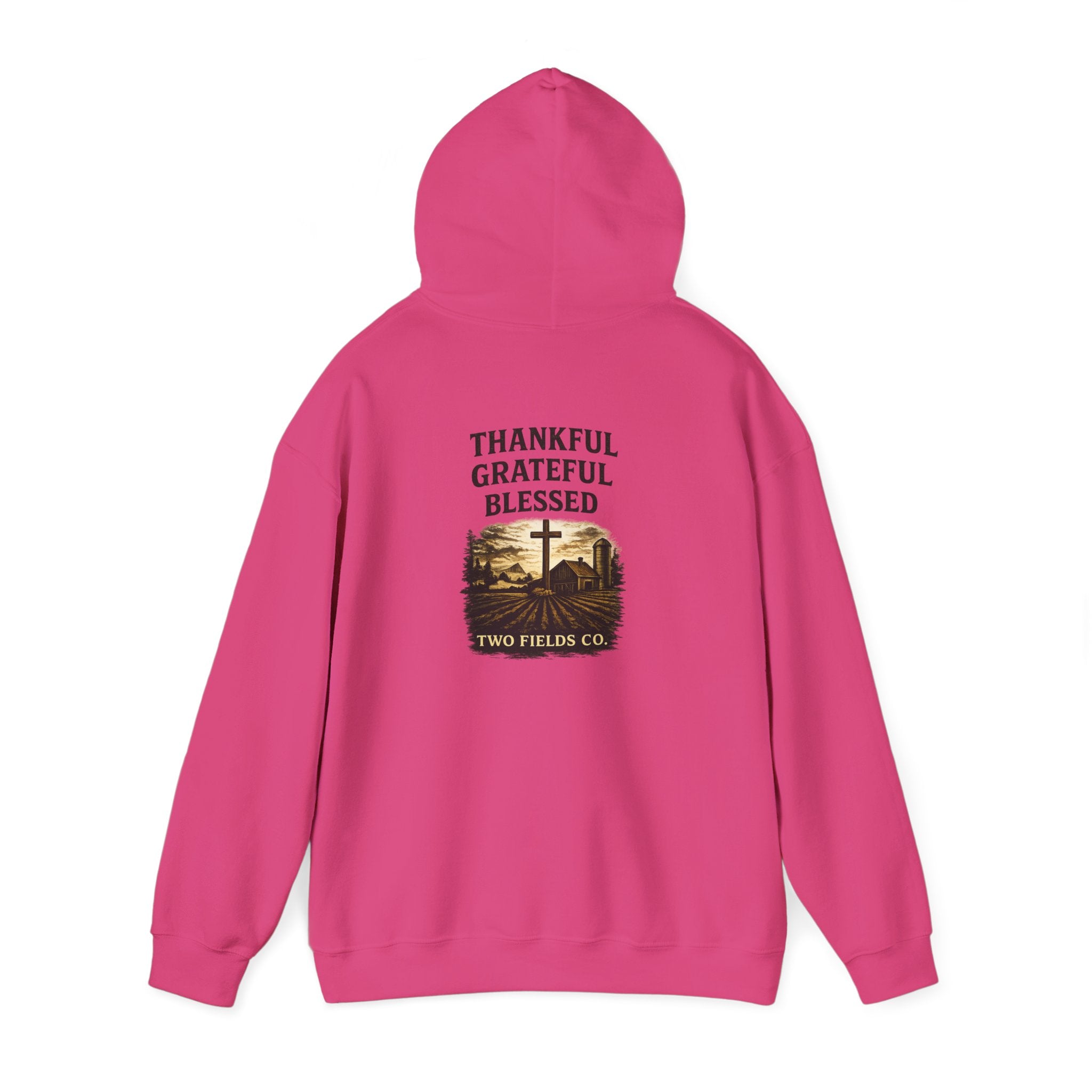 Pink pullover hoodie with hood and back graphic: “Thankful Grateful Blessed” cross