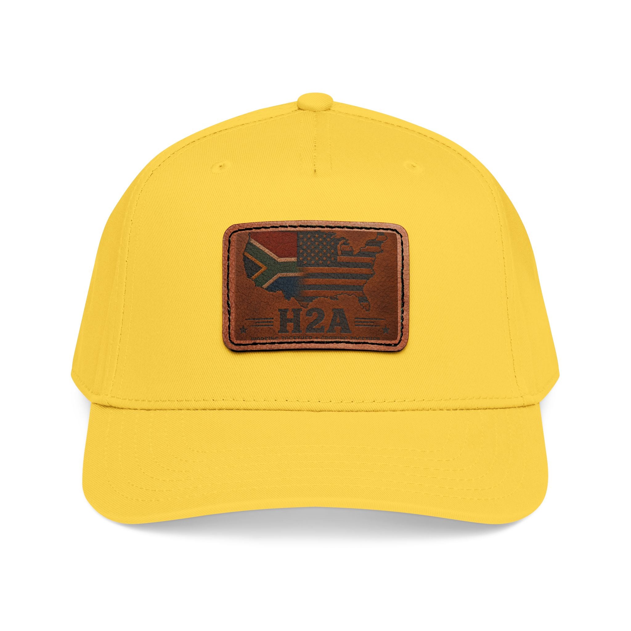 Yellow baseball cap with rectangular leather patch and H2A flag design