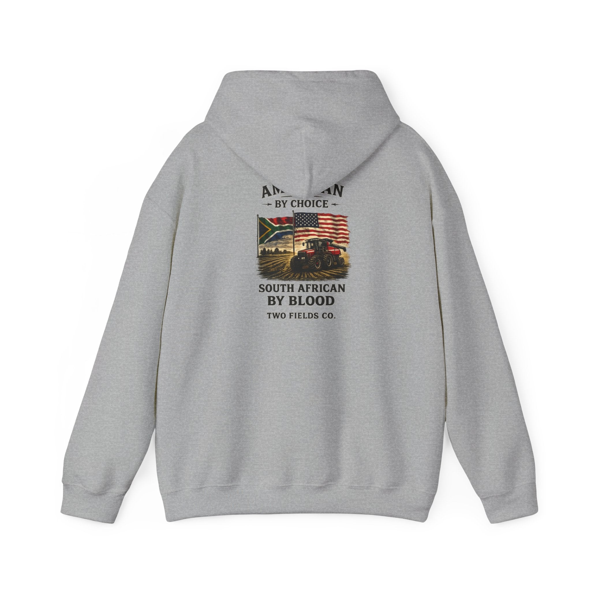 Dark grey hoodie with back graphic text and multicolor flag print