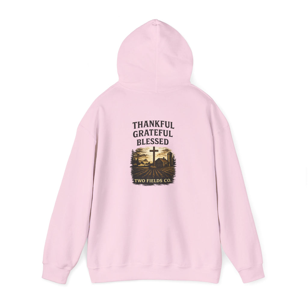 Pink pullover hoodie back view, hood and pouch, central cross-themed graphic