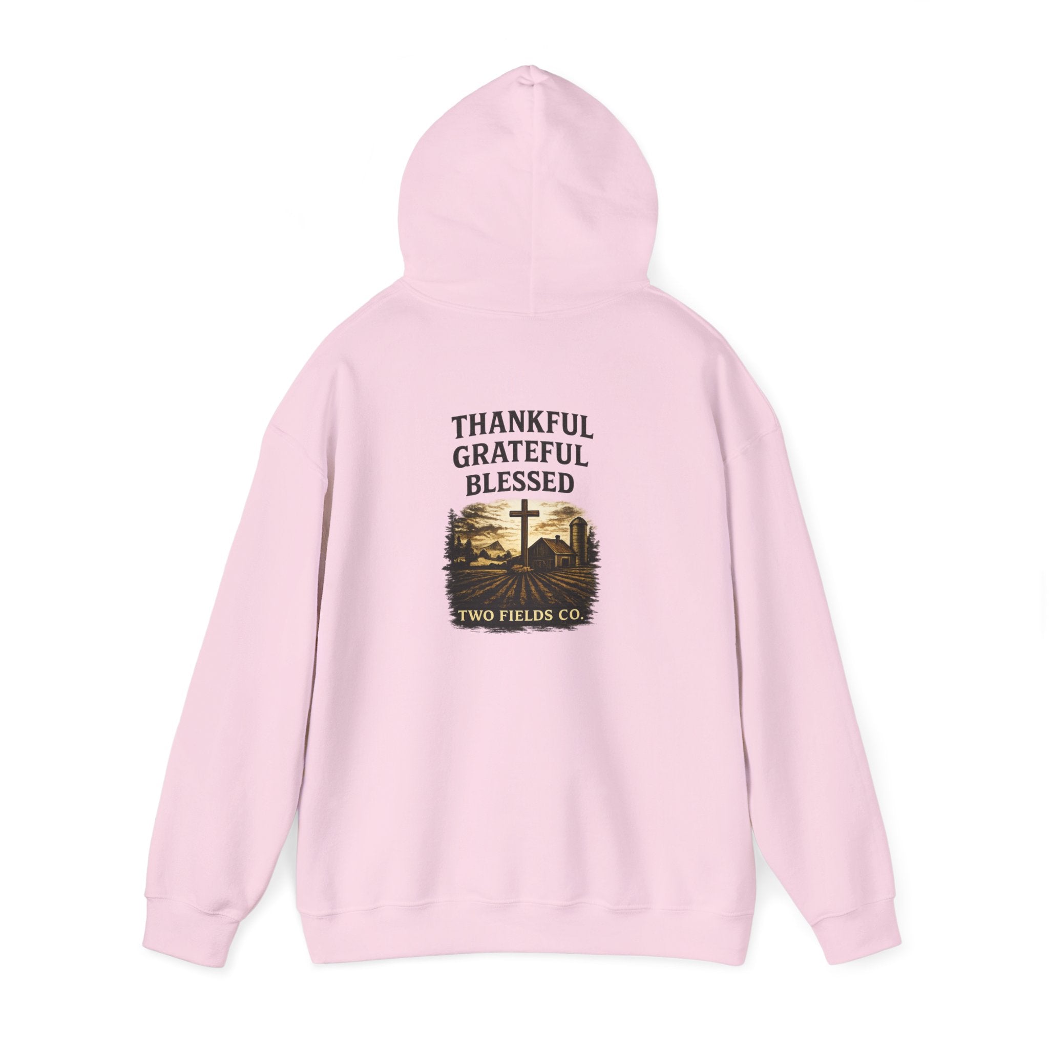 Pink pullover hoodie back view, hood and pouch, central cross-themed graphic