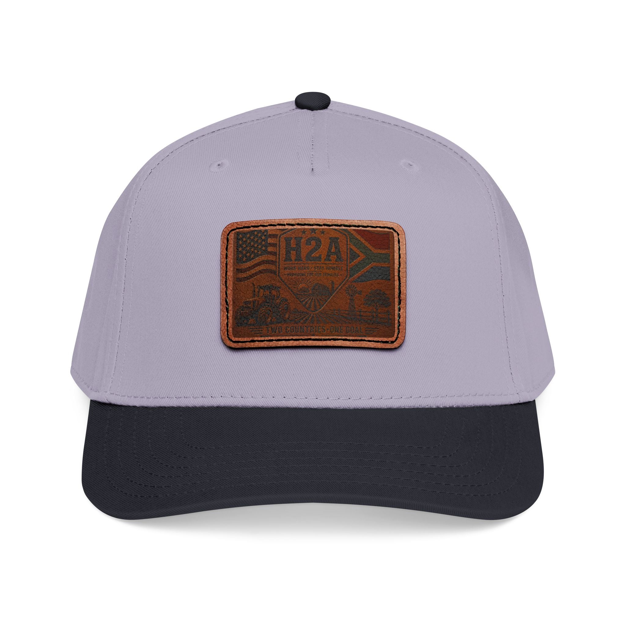 Light gray baseball cap with dark navy brim and rectangular H2A flag leather patch on front