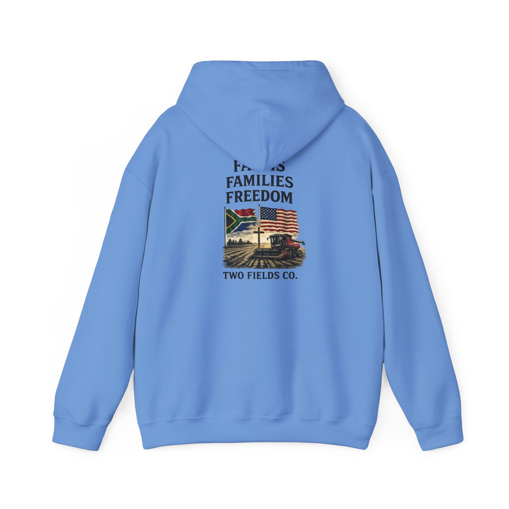Light blue Freedom Families hoodie, back view with hood and central graphic print
